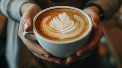 A cup of cappuccino in the hands of a barista. Close up