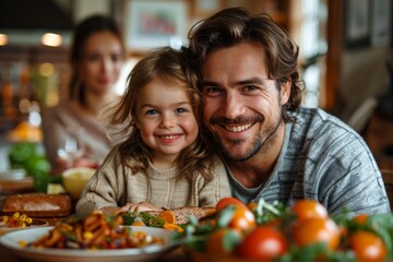 Smiling man and delighted young daughter enjoy a healthy meal, showcasing familial warmth and happiness