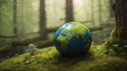 A globe with moss in the forest an Earth day concept