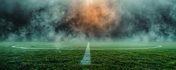 3D illustration of a textured soccer field with neon fog, emphasizing the center and midfield areas.