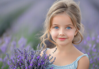 Pretty child girl in lavender field