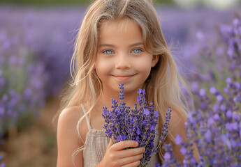 Pretty cute child girl in lavender field of Valensole , France.