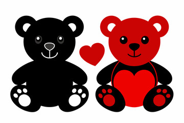 Two teddy with red heart black silhouette  on white background 