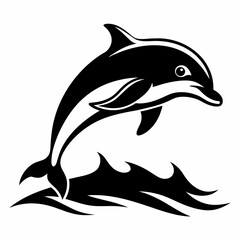 Obraz premium Black and white vector illustration of a dolphin above water white background. with solid black and white color