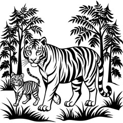Fototapeta premium Tiger walking with baby in forest vector silhouette 