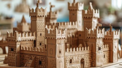 A close up of a cardboard castle