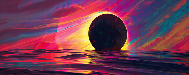 Colorful digital art of a surreal sunset over water with a dark sphere.