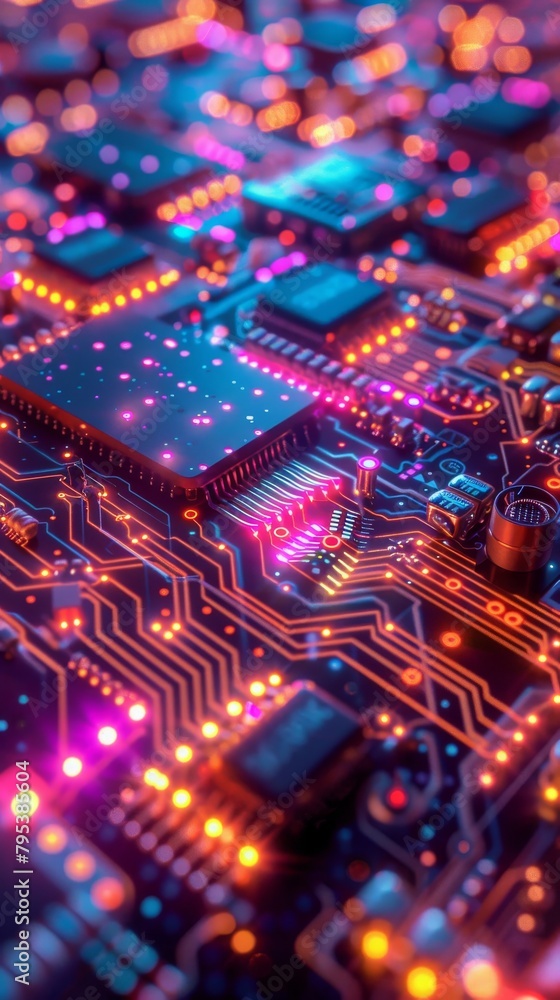 Poster a close up of a computer circuit board with glowing lights.
