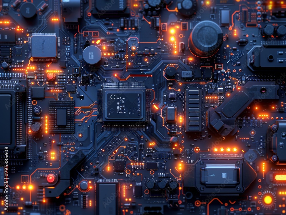 Poster a close up of a computer circuit board with orange glowing lights.