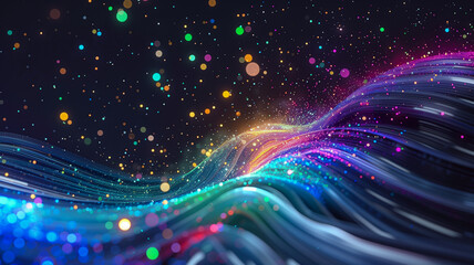 Abstract flowing fluid light particles colorful spectrum smooth curve on black background in concept technology, science.