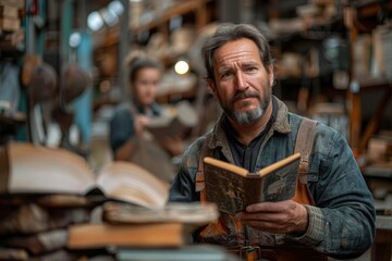 Middle-aged craftsman with a beard reads a book among tools and equipment in a busy workshop setting