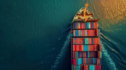 Aerial view of a cargo ship at sea.