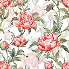 Seamless pattern with pink peony flowers. Hand painted floral illustration. Watercolor painting on white background.