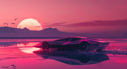 Fototapeta na wymiar A grainy pink and purple digital artwork of an futuristic sport car driving on the beach at sunset. The car is reflected in still water with mountains visible behind it. 
