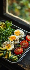 A tray of food with a variety of vegetables and eggs