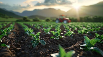 A close up of a newly planted field of tobacco with a tractor in the distance