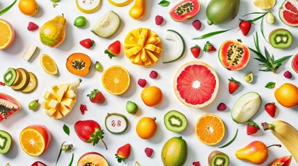 A colorful assortment of fruits and s are spread out on a white background