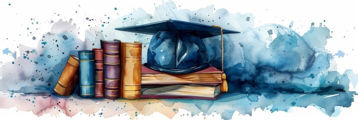 Watercolor graduation cap on stack of books, illustration