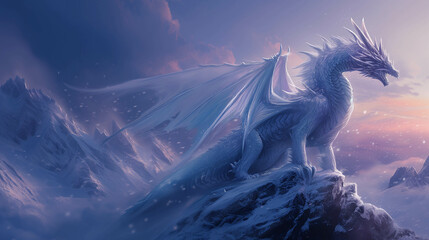 An ice dragon that lives in a mysterious valley filled with cold lands. - obrazy, fototapety, plakaty