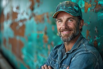 Cheerful bearded painter in casual work attire and paint-splattered cap looking at the camera