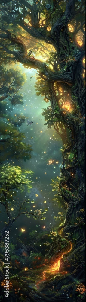 Poster a forest scene with a tree that is lit up with fireflies