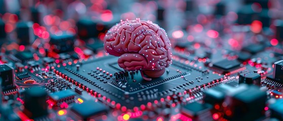 Human brain integrates with electronic circuits in humanmachine interfaces metaphorically. Concept Brain-Computer Interfaces, Neural Implants, Cyborg Technology, Advanced Prosthetics, Neurotechnology
