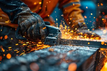 Closeup of a concentrated worker grinding metal piece with flying sparks in industrial environment - obrazy, fototapety, plakaty