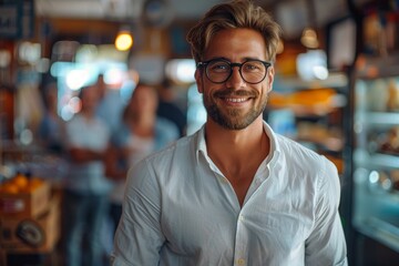 A self-assured man in a neat white shirt smiles subtly in a vibrant marketplace, conveying confidence and approachability - obrazy, fototapety, plakaty