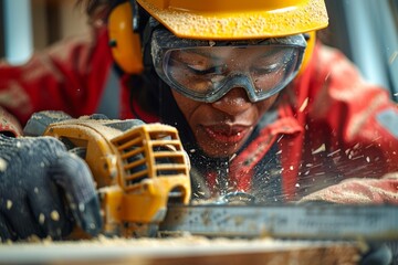 A professional worker in safety equipment cuts through a wooden plank with a power chainsaw - obrazy, fototapety, plakaty
