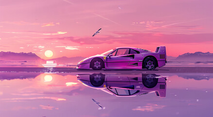 Fototapeta na wymiar A grainy pink and purple digital artwork of an futuristic sport car driving on the beach at sunset. The car is reflected in still water with mountains visible behind it. 