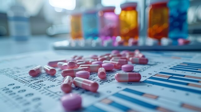 A close-up image of a table with scattered pills and pill bottles in the background.