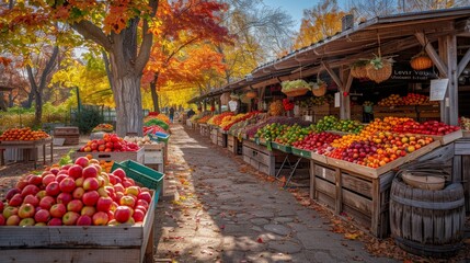 A picturesque roadside market showcasing an abundant autumn harvest with colorful foliage in the background.