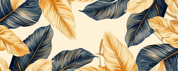 Monochrome illustration of tropical leaf wallpaper. Luxury nature leaves pattern design with golden banana leaf line art. Hand-drawn outline design for fabric, print, cover, banner, and invitation.