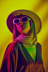 Retro vibes and modern style, hat, sunglasses, pearl neckless and dress. Model posing against yellow background in neon light. Concept of modern fashion, trendy style, beauty, youth culture