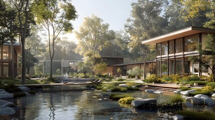 Sustainable and Sophisticated Office Campus in Serene Forested Setting with Harmonious of Architecture and Nature