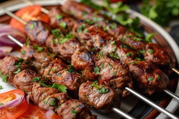 close up of lamb kebab skewers