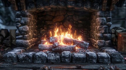 A cozy fireplace with a bright fire burning inside