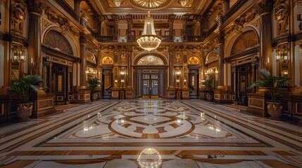 Obraz premium Grandiose Marble Lobby of Luxurious Turn of the Century Hotel with Ornate Limestone Facade and Lavish Chandeliers