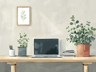 Minimalist Home Office Setup with Laptop and Potted Plant on Wooden Desk