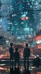 Futuristic city with people standing in front of a train station. Vertical background 