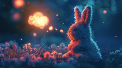 Fototapeta premium A cute bunny sits in a field of flowers, looking up at a glowing butterfly. The background is a starry night sky.