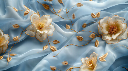 Elegant Gold-Embroidered Floral Motifs on Blue Silk Fabric for Luxury Fashion and Home Decor