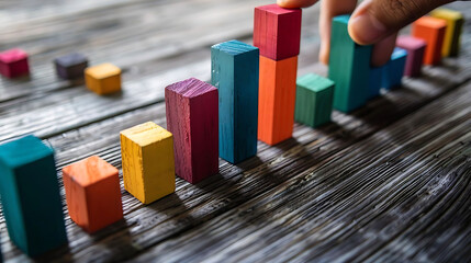 Business growth chart with colorful blocks on a wooden table and hand holding a toy.
