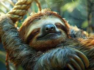 Naklejka premium A cute sloth is sleeping on a rope.
