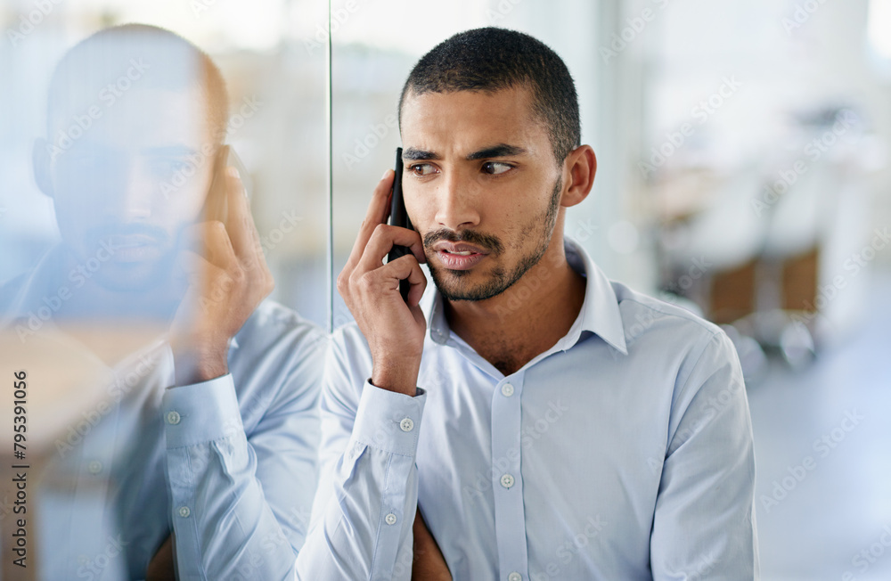 Poster man, thinking and worry in office with phone call to client and stress for news, info or feedback. b