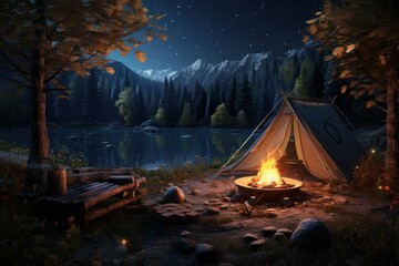 Scene of 3d illustration campsite outdoors bonfire camping.