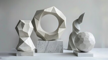 Three sculptures of different shapes and sizes are displayed on a white table. The sculptures are made of white marble and are placed on pedestals - Powered by Adobe