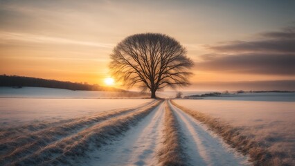 Beautiful winter landscape with lonely tree on road and sunset sky.