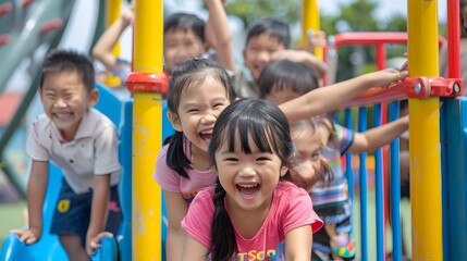Fototapeta na wymiar Radiant Smiles: Joyful Asian Children Embracing Childhood Happiness in a Vibrant Playground