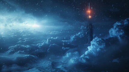 A dark and stormy night. A single tower stands tall above the clouds, its light piercing through the darkness.